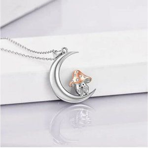 Cute Cresent Moon Mushroom Guy Silver Necklace